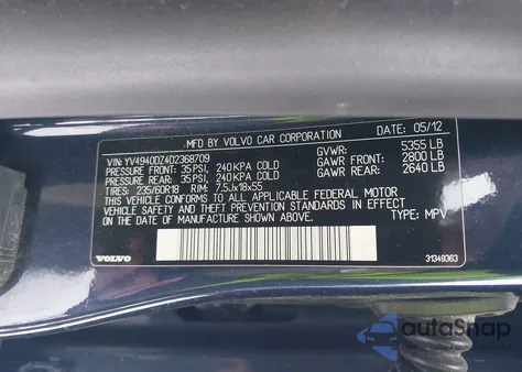 2013 Volvo Xc60 3.2 Premier Plus z USA, uszkodzony, nr VIN YV4940DZ4D2368709